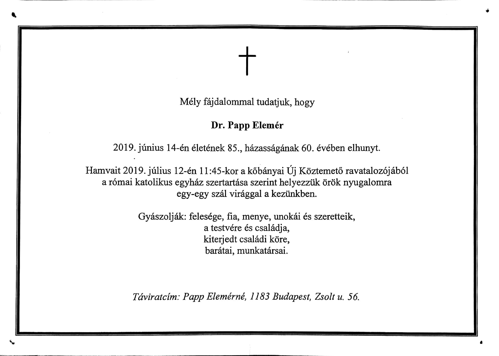 Papp Elemér gyászjelentés